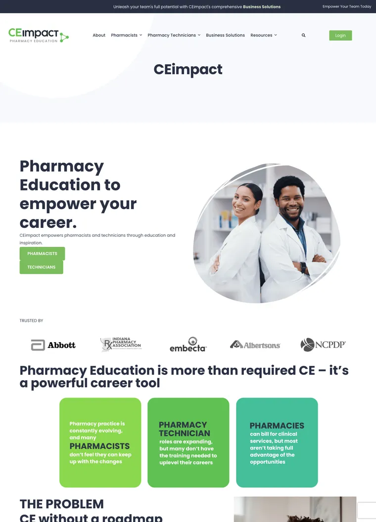 CEimpact homepage on the prior purchased theme, showing a stray title band above the hero and a stock-photo backdrop.