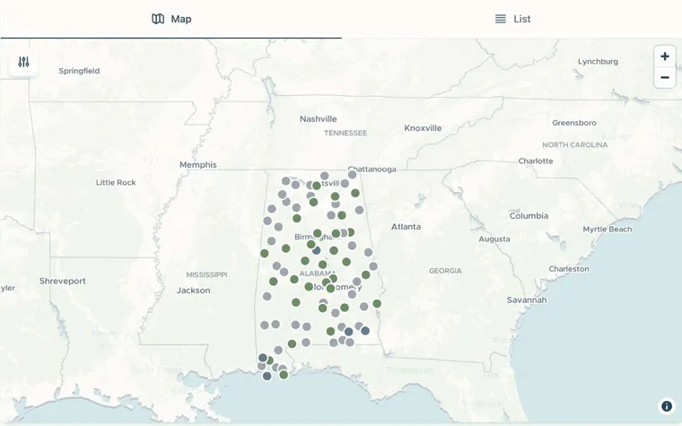 Airport Code Quest map of the Visit All Airports in Alabama quest, with visited airports marked in green