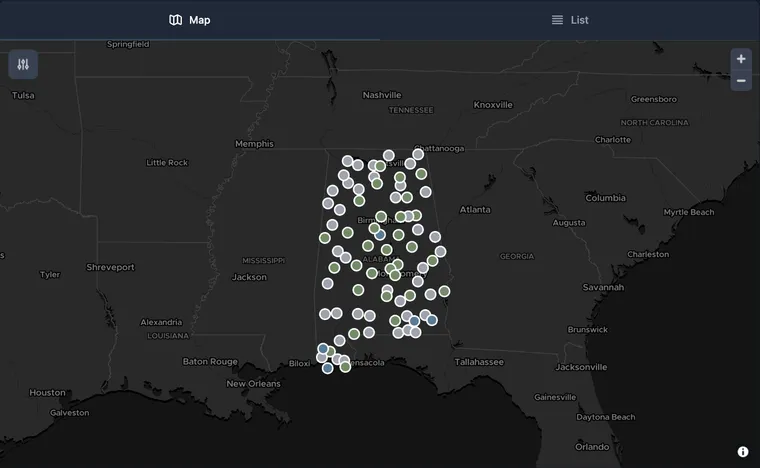 Airport Code Quest map of the Visit All Airports in Alabama quest, with visited airports marked in green