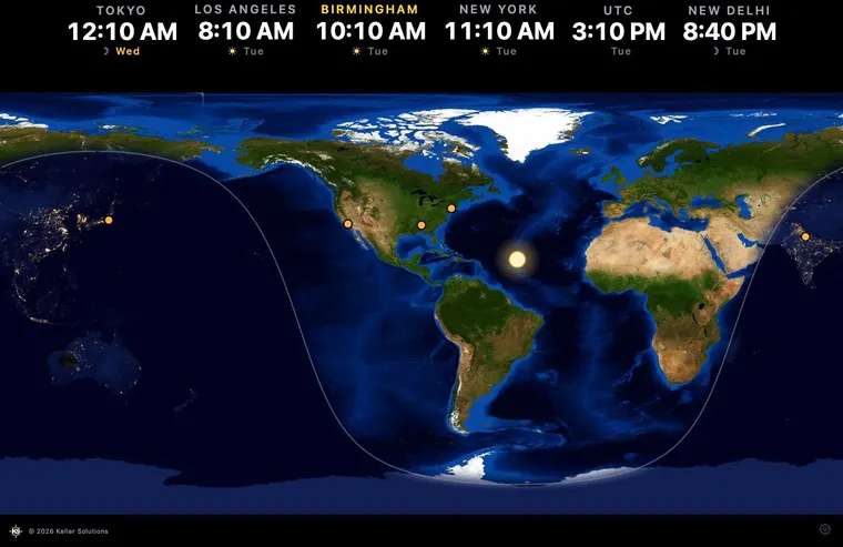 ChronoMap world clock showing 10:10 AM in Birmingham with Los Angeles, New York, New Delhi, and Tokyo times over a day/night map