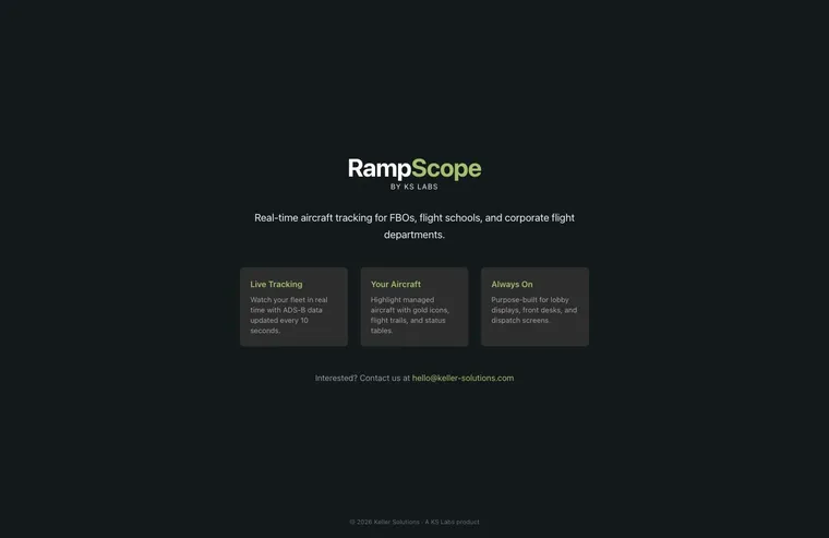 RampScope home page introducing live fleet tracking, aircraft highlighting, and always-on displays