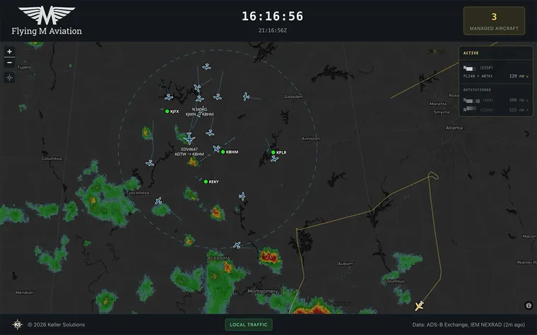 RampScope radar display branded for Flying M Aviation, tracking three managed aircraft with live ADS-B traffic and NEXRAD weather over Alabama