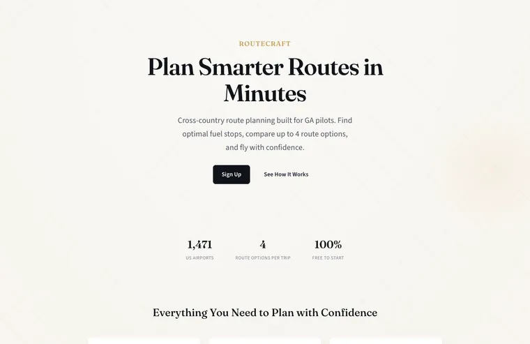 RouteCraft home page: plan smarter routes in minutes, with 1,471 US airports and four route options per trip