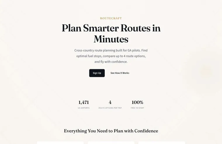 RouteCraft home page: plan smarter routes in minutes, with 1,471 US airports and four route options per trip